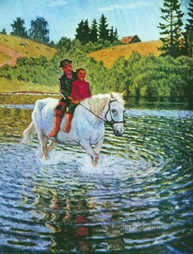 horse cats Painting - children on a horse Nikolay Bogdanov Belsky